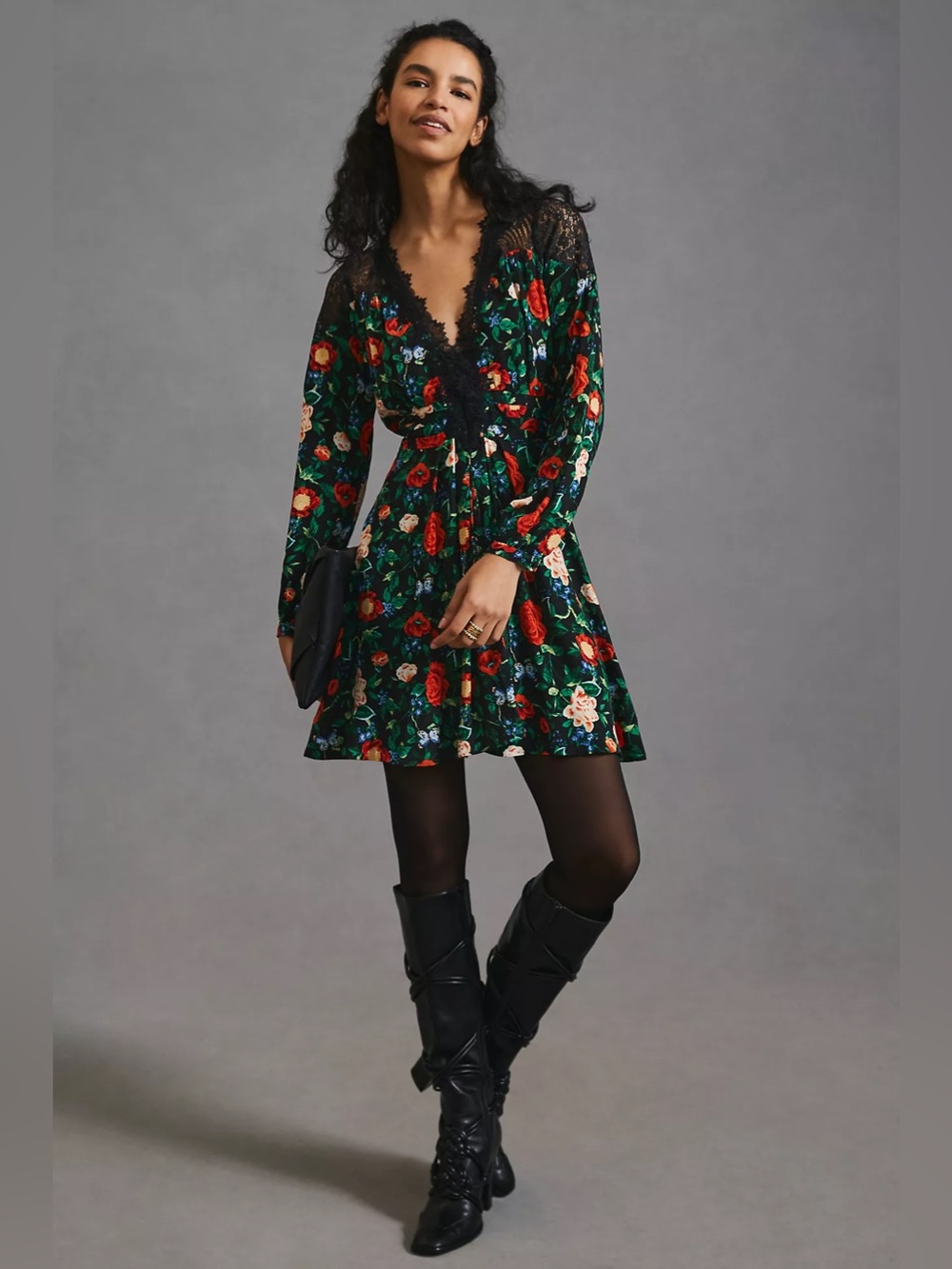 Anthropologie Lacy V-Neck Floral Mini Long Sleeve Lace Detail Boho A-Line dress - Picture 4 of 13